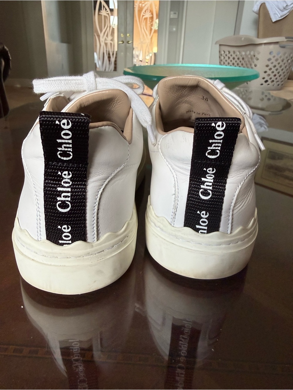 Chloé Laureb White Leather Sneakers with Scalloped Trim